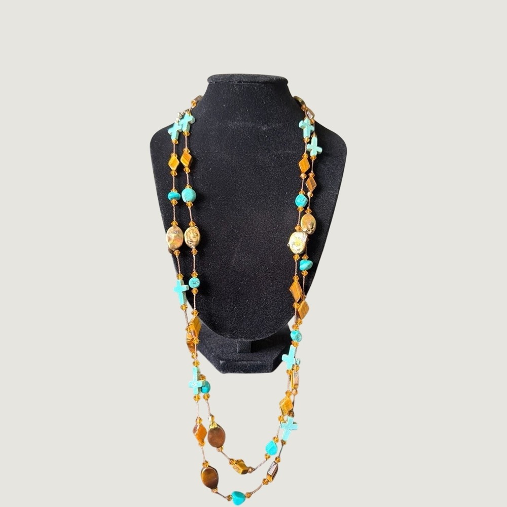 KL Studio Tigers Eye Turquoise Cross Necklace Sterling Silver‎ 54 In Silk Thread